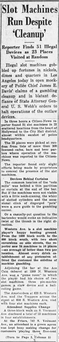 Newspaper clipping, reporter finds dozens of slot machines in short walk