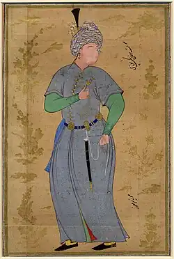 "Sarkhan Beg the Table-steward"; c. 1530; opaque watercolor, ink, and gold on paper; 33 cm (height) x 22 cm (width); the British Museum. This portrait is signed by Mir Musavvir[3]: 55 