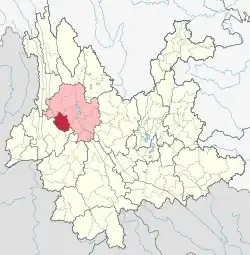 Location of Yongping County (red) and Dali Prefecture (pink) within Yunnan
