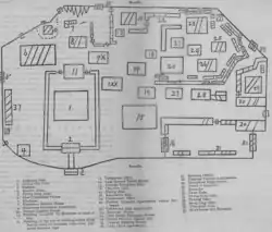 Homer Hulbert's rough map of the palace and the damage the fire caused. Buildings with diagonal lines through them were unaffected by the fire.[28]