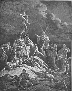 Moses erects the Bronze Serpent (Num. 21:4-9). (Gustave Doré).