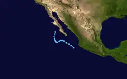A track map of the path of a tropical depression off the Pacific coast of Mexico; it takes an erratic trajectory, initially moving west-northwestward before turning to the west-southwest and then to the north, all while remaining fairly close to the coastline