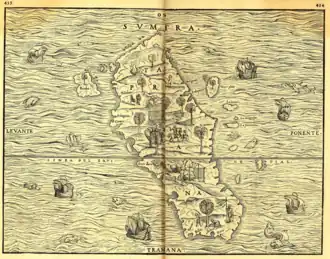 1565 map of Sumatra with south orientation on top, showing "Terre Laru" on center-lower left