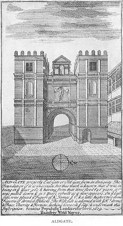 An engraving showing Aldgate before it was demolished in 1761