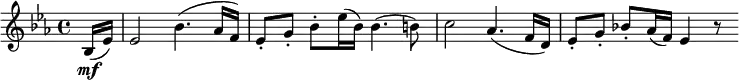 { \relative bes { \key es \major \time 4/4
\partial 8 bes16( \mf es) | es2 bes'4.( as16 f) | es8-. g-. bes-. es16( bes) bes4.( b8) |
c2 as4.( f16 d) | es8-. g-. bes!-. as16( f) es4 r8}}