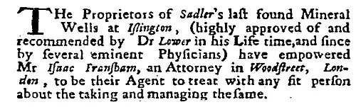 press small ad seeking applications from "any fit person" to manage Sadler's Wells