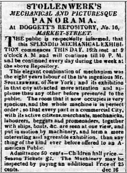 Advertisement for Stollenwerk's mechanical panorama, exhibited 1823-1825