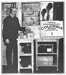 Image 25Lee DeForest broadcasting Columbia phonograph records on pioneering New York station 2XG, in 1916 (from History of broadcasting)