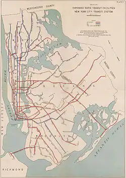 A map for a 1939 plan for expansion, which included building the Second Avenue Subway