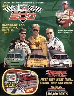 The 1995 Mountain Dew Southern 500 program cover, featuring Bobby Labonte, Sterling Marlin, Bill Elliott, and Mark Martin.