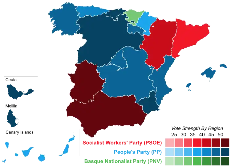 Map of Spain showcasing winning party's strength by autonomous community