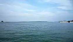 The ferry harbor with Mackinac Island in the distance