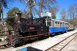 Cail narrow gauge (750 mm) steam locomotive ΔΚ-8001 and observation car ΑΒ ΔΚ-121 of the Diakofto-Kalavryta rack railway .