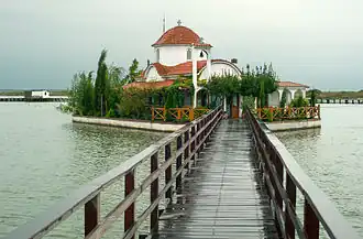 A footbridge to an orthodox church in Greece