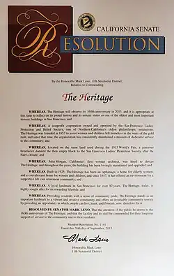 California Senate Resolution #1141 honoring The Heritage