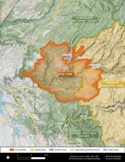The Rim Fire is shown in orange having burnt into the Stanislaus National Forest (in green) and northwestern portions of Yosemite National Park (in gold stripes).