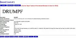 Screenshot of a website, showing the request for trademark on the phrase "Drumpf"