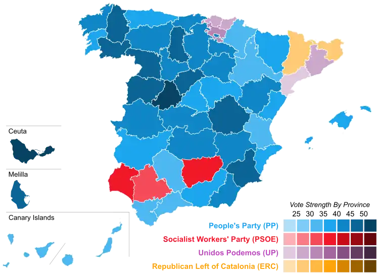 Map of Spain showcasing winning party's strength by constituency