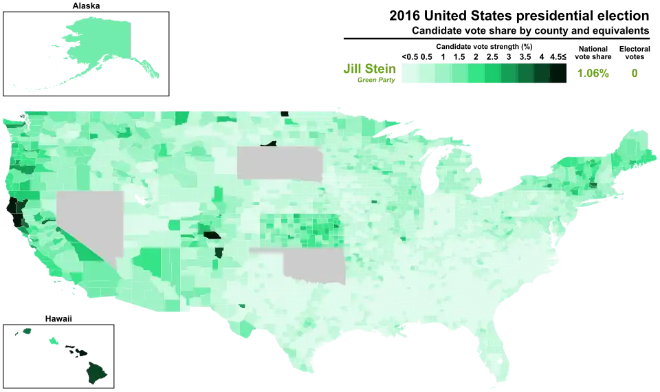 Results by county, shaded according to percentage of the vote for Jill Stein