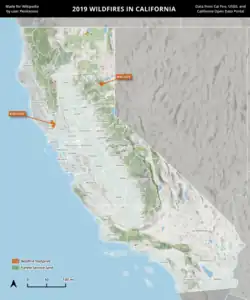 A map of wildfires in California in 2019, using Cal Fire data