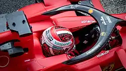 From above, Leclerc sat in the cockpit of his Ferrari SF1000 at 2020 Formula One pre-season testing