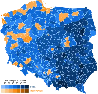 2020 Polish presidential election 1st round, PiS (blue), KO (orange)