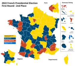 Map of which candidate placed second in every department during the first round
