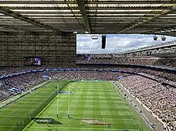 A view overlooking twickenham from the top tier of the stadium during the 2023–2024 Gallagher Premiership final.