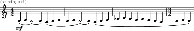 \language "english"
{
\set Staff.midiInstrument=#"french horn"
\time 4/2
\set Score.tempoHideNote = ##t
\tempo 4 = 118
\mf^\markup { \hspace #-8.5 \abs-fontsize #9 \sans "(sounding pitch)" }
g4( a4 g2)( g4) f4( g4 a4 % 1
g4 a4 g2)( g4) f4( g4 a4 % 2
bf4 c'4 bf4 a4 bf4 a4 g4 f4 % 3
\time 3/2
g4 a4 g4) % 4
}