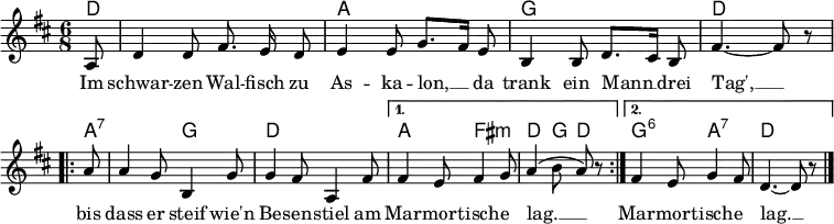 
% Sources: https://www.lieder-archiv.de/im_schwarzen_walfisch_zu_askalon-notenblatt_600700.html
% and https://www.deutschland-lese.de/streifzuege/lieder/studentenlieder/im-schwarzen-walfisch-zu-askalon/

\header { tagline = ##f }
\layout { indent = 0 \set Score.tempoHideNote = ##t
  \context { \Score \remove "Bar_number_engraver" }
}

global = {
  \key d \major
  \time 6/8
  \partial 8
}

chordNames = \chordmode { \global \set midiInstrument = "acoustic guitar (nylon)" \set chordChanges = ##t
  d,8 | d,2. | a,2. | g,2. | d,2 s8
  \repeat volta 2 { a,8:7 | a,4.:7 g,4. | d,2. | }
  \alternative {
    { a,4. fis,4.:m | d,4 g,8 d,8 s8 }
    { g,4.:6 a,4.:7 | d,2 s8 \bar "|." }
  }
}

sopranoVoice = \relative c'' { \global \set midiInstrument = "brass section" \autoBeamOff
  \tempo 4=15 a,8 \tempo 4=100| d4 d8 fis8. e16 d8 | e4 e8 g8. [fis16] e8 |
  b4 b8 d8. [cis16] b8 | fis'4. ~fis8 r8 \break
  \repeat volta 2 { a8 | a4 g8 b,4 g'8 | g4 fis8 a,4 fis'8 | }
  \alternative {
    { fis4 e8 fis4 g8 | a4 (b8 a8) r8 }
    { fis4 e8 g4 fis8 | d4. ~d8 r8 \bar "|." }
  }
}

verse = \lyricmode {
  Im schwar -- zen Wal -- fisch zu As -- ka -- lon, __ da
  trank ein Mann __ drei Tag', __
  \repeat volta 2 { bis dass er steif wie'n Be -- sen -- stiel am }
  \alternative {
    { Mar -- mor -- tisch -- e lag. __ }
    { Mar -- mor -- tisch -- e lag. __ }
  }
}

\score {
  <<
    \new ChordNames \chordNames
    \new Staff \sopranoVoice \addlyrics \verse
  >>
  \layout { }
}
\score { \unfoldRepeats { << \chordNames \\ \sopranoVoice >> }
         \midi { \tempo 4=100
           \context { \Score midiChannelMapping = #'instrument }
           \context { \Staff \remove "Staff_performer" }
           \context { \Voice \consists "Staff_performer" }
         }
}
