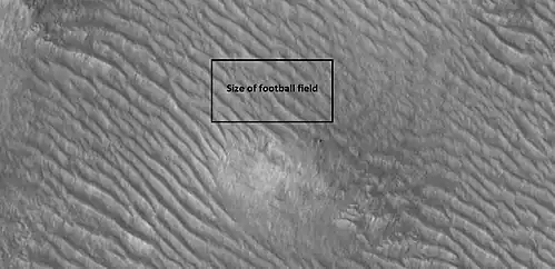 Close-up of a mound and ridges, as seen by HiRISE under HiWish program