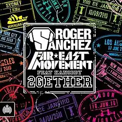 In White word it was ROGER SANCHEZ FAR EAST MOVEMENT FEAT KANOBBY 2GETHER, in Blue word it was IGRATIO, In Green word it was RIO DE JANEIRO, In blue word it was LOS ANGELES, in light-pink word it was NEW YORK, in dark-pink word it was LONDON, In Purple word it was RIO DE JANEIRO, In Red word it was IBIZA, in orange word it was LOS ANGELES, In blue word it was NEW YORK CITY, In Yellow word it was SYDNEY