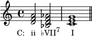 
{
\relative c' {
  \clef treble
  \time 4/4
  <d f a>2_\markup { \concat { \translate #'(-4 . 0) { "C:   ii" \hspace #1.5 "♭VII" \raise #1 \small "7" \hspace #3.3 "I" } } }
  <bes d f aes>
  <c e g>1 \bar "||"
} }
