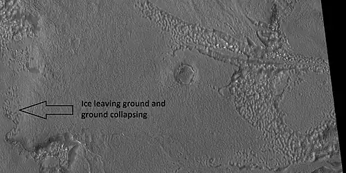 Close view of upper plains unit breaking down into brain terrain, as seen by HiRISE under HiWish program. As ice leaves the ground, the ground collapses and winds blow the remaining dust away.