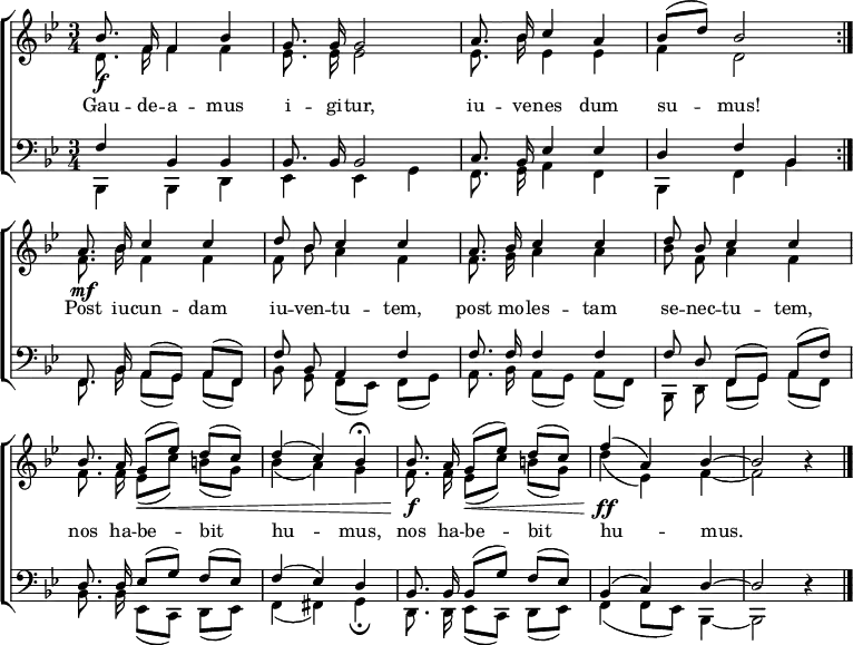 
\header { tagline = ##f }
\layout { indent = 0 \set Score.tempoHideNote = ##t
  \context { \Score \remove "Bar_number_engraver" }
}

global = { \key bes \major \time 3/4 \autoBeamOff }

soprano = \relative c'' { \global \set midiInstrument = "trumpet"
  \repeat volta 2 { bes8.\f f16 f4 bes | g8. g16 g2 | a8. bes16 c4 a | bes8 ([d]) bes2 | }
  a8.\mf bes16 c4 c | d8 bes c4 c | a8. bes16 c4 c | d8 bes c4 c |
  bes8. a16 g8\< ([es']) d ([c]) | \tempo 4 = 81 d4 (c) \tempo 4 = 45 bes\fermata | \tempo 4 = 90
  bes8.\f a16 g8\< ([es']) d ([c]) | \tempo 4 = 60 f4\ff (a,) bes~ | bes2 r4 \bar "|."
}

alto = \relative c' { \global \set midiInstrument = "trumpet"
  \repeat volta 2 { d8. f16 f4 f | es8. es16 es2 | es8. bes'16 es,4 es | f d2 | }
  f8. bes16 f4 f | f8 bes a4 f | f8. g16 a4 a | bes8 f a4 f |
  f8. f16 es8 ([c']) b ([g]) | bes4 (a) g | f8. f16 es8 ([c']) b ([g]) | d'4 (es,) f~ | f2 r4 \bar "|."
}

tenor = \relative c { \global \set midiInstrument = "baritone sax"
  \repeat volta 2 { f4 bes, bes | bes8. bes16 bes2 | c8. bes16 es4 es | d f bes, | }
  f8. bes16 a8 ([g]) a ([f]) | f' bes, a4 f' | f8. f16 f4 f | f8 d f, ([g]) a ([f']) |
  d8. d16 es8 ([g]) f ([es]) | f4 (es) d | bes8. bes16 bes8 ([g']) f ([es]) | bes4 (c) d~ | d2 r4 \bar "|."
}

bass = \relative c, { \global \set midiInstrument = "tuba"
  \repeat volta 2 { bes4 bes d | es es g | f8. g16 a4 f | bes, f' bes | }
  f8. bes16 a8 ([g]) a ([f]) | bes g f ([es]) f ([g]) | a8. bes16 a8 ([g]) a ([f]) | bes, d f ([g]) a ([f]) |
  bes8. bes16 es,8 ([c]) d ([es]) | f4 (fis) g\fermata | d8. d16 es8 ([c]) d ([es]) | f4 (f8 [es]) bes4~ | bes2 r4 \bar "|."
}

verse = \lyricmode {
  \repeat volta 2 { Gau -- de -- a -- mus i -- gi -- tur,
  iu -- ve -- nes dum su -- mus! }
  Post iu -- cun -- dam iu -- ven -- tu -- tem,
  post mo -- les -- tam se -- nec -- tu -- tem,
  nos ha -- be -- bit hu -- mus,
  nos ha -- be -- bit hu -- mus.
}

\score {
  \new ChoirStaff <<
    \new Staff \with { \consists "Merge_rests_engraver" }
    <<
      \new Voice = "soprano" { \voiceOne \soprano }
      \new Voice = "alto" { \voiceTwo \alto }
    >>
    \new Lyrics \lyricsto "soprano" \verse
    \new Staff \with { \consists "Merge_rests_engraver" }
    <<
      \clef bass
      \new Voice = "tenor" { \voiceOne \tenor }
      \new Voice = "bass" { \voiceTwo \bass }
    >>
  >>
  \layout { }
}
\score { \unfoldRepeats { << \soprano \\ \alto \\ \tenor \\ \bass >> }
  \midi { \tempo 4=102
    \context { \Score midiChannelMapping = #'instrument }
    \context { \Staff \remove "Staff_performer" }
    \context { \Voice \consists "Staff_performer" }
 }
}
