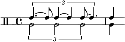 << \relative c' {
\override Staff.StaffSymbol.line-positions = #'(-2 2)
\clef percussion
\time 4/4
\tuplet 3/2 { e4.~ e8 e4~ e e8~ e4. } e4
} \\ \relative c' {
\tuplet 3/2 { a2 a a } a4
}
>>