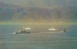 image of HMNZS Waikato and 3 sister ships in Wellington Harbour 1980