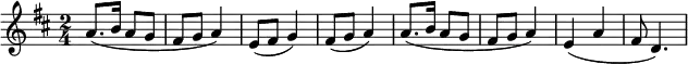 \relative d''{
\key d \major
\time 2/4
% 1st time
a8. (b16 a8 g8 fis8 g8 a4) e8 (fis8 g4) fis8 (g8 a4)
% 2nd time
a8. (b16 a8 g8 fis8 g8 a4) e4 (a4 fis8 d4.)
}