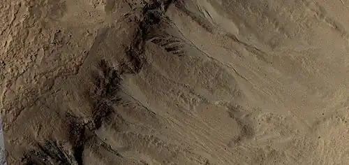 Close, color view of gullies, as seen by HiRISE under HiWish program