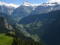 View from the Schynige Platte up the valley of the Schwarze Lütschine, with the Wetterhorn, Mettenberg, Schreckhorn and Finsteraarhorn behind.