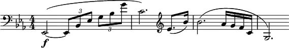 \relative c { \clef bass \numericTimeSignature \time 4/4 \key ees \major ees,2\f(~ \times 2/3 { ees8 bes' ees } \times 2/3 { g bes g' } | c,2.) \clef treble ees8.( bes'16) | bes2.( aes16 g f c | g2.) }