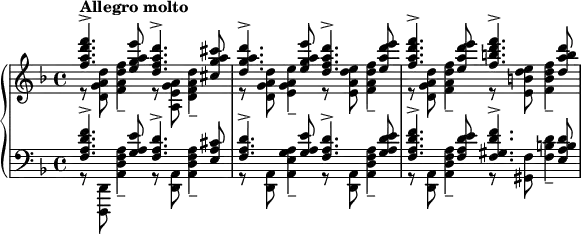 \layout {
#(layout-set-staff-size 16)
}
\relative c'' {
\new PianoStaff <<
\new Staff {
\key d \minor
<<
{ <f a d f>4.^\markup{\bold{Allegro molto}}-> <e g a e'>8
<d f a d>4.-> <cis g' a cis>8
<d g a d>4.-> <e g a e'>8
<d f a d>4.-> <e a d e>8
<f a d f>4.-> <e a d e>8
<f b d f>4.-> <d a' b d>8 }
\\
{ r8 <d, g a d> <f a d f>4--
r8 <a, e' g a> <d f a d>4--
r8 <d g a d> <e g a e'>4--
r8 <e a d e> <f a d f>4--
r8 <d g a d> <f a d f>4--
r8 <e b' d e> <f b d f>4-- }
>>
}
\new Staff {
\key f \major
\clef bass
<<
{ <f, a d f>4.-> <g a e'>8
<f a d>4.-> <e a cis>8
<f a d>4.-> <g a e'>8
<f a d>4.-> <g a d e>8
<f a d f>4.-> <f a d e>8
<f gis d' f>4.-> <e a b d>8 }
\\
{ r8 <d,, d'> <a'' d f a>4--
r8 <d, a'> <a' d f a>4--
r8 <d, a'> <a' e' g a>4--
r8 <d, a'> <a' d f a>4--
r8 <d, a'> <a' d f a>4--
r8 <gis f'> <f' b d>4-- }
>>
}
>>
}