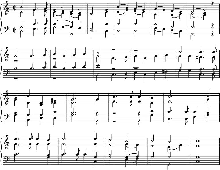
{ \new PianoStaff <<
    \language "english" 
  \new Staff << 
    \new Voice \relative c'' { \set Score.tempoHideNote = ##t \override Score.BarNumber  #'transparent = ##t \tempo 2 = 74 \voiceOne \clef treble \key c \major \time 2/2
  c2 g4. a8 | g4( f) e( d) | c2. g'4 | c( b) a( g) | a( g) f( e) | e2( d4) r4 | \break
  g2 g4. a8 | b4 g a b | c2 r2 | r1 | d2 d4. d8 | \break 
  b4 d d, fs | g2. g4 | c4. c8 c4 b | c2. d4 | \break
  e4. e8 e4 d | e2. e4 | d2 c | c b  | c1
 } 
    \new Voice \relative c' { \voiceTwo 
  e2 g4. f8 | e4( d) c( b) | c2. e4 | e( g) f( e) | c2 b4( c) | c2( b4) s4 |
  r1 | r | g'2 e4. f8 | g4 e g a | g g fs4. fs8 | 
  g4 d b d | d2. g4 | e4. e8 e4 d | e2. g4 | 
  g4. g8 g4 g | g2. g4 | f2 g4( f) | e2 d4( f) | e1
 } 
  >>
  \new Staff <<
    \new Voice \relative c' { \clef bass \key c \major \time 2/2 \voiceOne
  g2 c4. c8 | c4( g ~ g) f | e2. c'4 | c2 c | c g | g2. r4 |
  b2 b4. c8 | d4 b c d | e2 r2 | r1 | b2 a4. a8 | 
  b4 g g c | b2. r4 | r2 r4 d | c4. c8 c4 b4 | 
  c2. b4 | c4. c8 c4 g | b2 g4( a) | g2 g | g1
 }
    \new Voice \relative c { \voiceTwo 
  c2 e4. f8 | g2 g,2 | c2. c4 | c2 c | f4( e) d( c) | g2. r4 |
  r1 | r | c2 c4. d8 | e4 c e fs | g g d4. d8 | 
  g4 b, d d | g2. r4 | r2 r4 g | c,4. c8 e4 g4 | 
  c2. g4 | c4. c8 c4 c, | g'2 e4( f) | g2 g, | c1
 } 
   >> >> }
