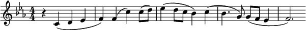 \relative c' { \clef treble \numericTimeSignature \time 4/4 \tempo "" \tempo 4 = 132 \key c \minor r4 c( d ees | f) f( c') c8( d) | ees4( d8 c bes4) c( | bes4. g8) g( f ees4 | f2.) }