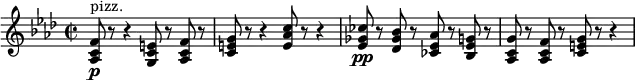 \relative c' {
\new Staff {
\set Staff.midiInstrument = #"pizzicato strings" \key f \minor \clef treble \time 2/2 \set Score.tempoHideNote = ##t \tempo 2 = 50
<as c f>8 ^"pizz." \p r8 r4 <g c e>8 r8 <as c f>8 r8 |
<c e g>8 r8 r4 <e as c>8 r8 r4 |
<es ges ces>8 \pp r8 <des ges bes>8 r8 <ces es as>8 r8 <bes es g>8 r8 |
<as c g'>8 r8 <as c f>8 r8 <c e g>8 r8 r4 |
}
}