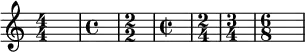  
{ 
   \override Score.SpacingSpanner.strict-note-spacing = ##t
    \set Score.proportionalNotationDuration = #(ly:make-moment 1/1)
   \key c \major 
   \relative c' { 
      \numericTimeSignature \time 4/4 s1
      \defaultTimeSignature \time 4/4 s1
      \numericTimeSignature \time 2/2 s1
      \defaultTimeSignature \time 2/2 s1
      \time 2/4 s2
      \time 3/4 s2.
      \time 6/8 s2.
} }
