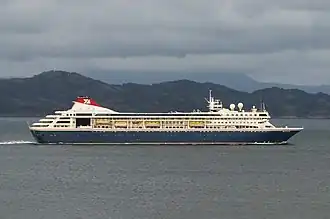 Braemar in 2019 with the new livery of Fred. Olsen Cruise Line, the penultimate livery for the ship before becoming Villa Vie Odyssey