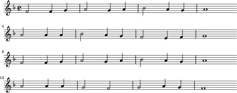 
\new Staff <<
\clef treble \key f \major {
      \time 2/2 \partial 1
      \relative f' {
	f2 f4 g | a2 g4 a | bes2 a4 g | a1 \bar"" \break
        a2 a4 a | bes2 a4 g | f2 e4 f | g1 \bar"" \break
        f2 f4 g | a2 g4 a | bes2 a4 g | a1 \bar"" \break
        a2 a4 a | g2 f | g2 a4 g | f1 \bar"" \break
      }
    }
%\new Lyrics \lyricmode {
%}
>>
\layout { indent = #0 }
\midi { \tempo 2 = 54 }
