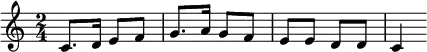 \relative a {
\key c \major
\time 2/4
\tempo ""
\tempo 4 = 60
c8. d16 e8 f
g8. a16 g8 f
e e d d
c4
}