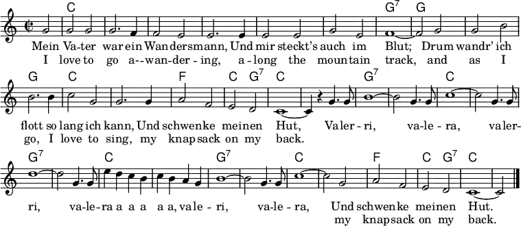 \header { tagline = ##f }
\layout { indent = 0 \context { \Score \remove "Bar_number_engraver" } }
global = { \key c \major \time 2/2 \partial 2 }
chordNames = \chordmode { \global \set ChordNames.midiInstrument = #"acoustic guitar (nylon)" \set chordChanges = ##t
s2 | c,1 | c, | c, | c, | c, | c, | g,:7~ | g,2
g,2 | g,1 | g, | c, | c, | f, | c,2 g,:7 | c,1~ | c,2
s2 | g,1:7~ | g,2:7 s | c,1~ | c,2 s | g,1:7~ | g,2:7
s2 | c,1 | c, | g,:7~ | g,2:7 s | c,1~ | c, | f, | c,2 g,:7 | c,1~ | c,2 \bar "|."
}
tenorVoice = \relative c'' { \global
g2 | g g | g2. f4 | f2 e | e2.
e4 | e2 e | g e | f1~ | f2
g2 | g b | b2. b4 | c2 g | g2.
g4 | a2 f | e d | c1~ | c4 r
g'4. g8 | b1~ b2 g4. g8 | c1~ | c2
g4. g8 | d'1~ | d2 g,4. g8 | e'4 d c b | c b a g | b1~ | b2
g4. g8 | c1~ | c2 g | a f | e d | c1~ | c2\bar "|."
}
verse = \lyricmode {
Mein Va -- ter war ein Wan -- ders -- mann,
Und mir steckt’s auch im Blut;
Drum wandr’ ich flott so lang ich kann,
Und schwen -- ke mei -- nen Hut,
Va -- ler -- ri, va -- le -- ra, va -- ler -- ri,
va -- le -- ra a a a a a, va -- le -- ri, va -- le -- ra,
Und schwen -- ke mei -- nen Hut.
}
verseE = \lyricmode {
I love to go a- -- wan -- der -- ing,
a -- long the moun -- tain track,
and as I go, I love to sing,
my knap -- sack on my back.
\repeat unfold 23 { \skip 1}
my knap -- sack on my back.
}
chordsPart = \new ChordNames \chordNames
tenorVoicePart = \new Staff \with { midiInstrument = "accordion"} { \tenorVoice }
\addlyrics { \verse } \addlyrics { \verseE }
\score {
<<
\chordsPart
\tenorVoicePart
>>
\layout { }
\midi { \tempo 4=256 }
}